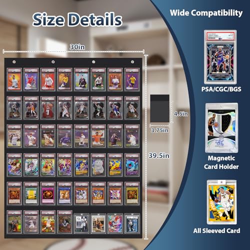 Graded Card Display Case, 48 Pocket Trading Card Display Bag with Clear View Window, Wall Mounted Holder for PSA/BGS/SGC Slabs, Sports Cards Baseball, Football, Basketball