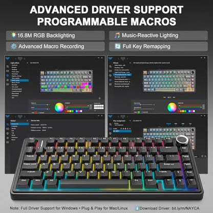 Aula F75 75% Wireless Mechanical Keyboard, Gasket Mount Hot Swappable Gaming Keyboard with Knob, Tri-Mode BT5.0/2.4G/USB-C, Creamy Thocky Sound Pre-lubed Linear Switch, PBT Keycaps for PC Mac - color: Black