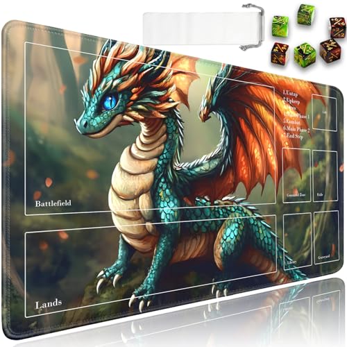 for MTG Playmat with Zones, for TCG Playmat and Board Game Mat with Storage Bag and 6 Dice, 24x14in Non-Slip for MTG Mat, Baby Dragon in The Forest Pattern Magic Trading Card Mat Mousepad - color: Jv-playmat-p7-2k-d110