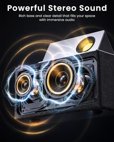 GoldJoy 7 in 1 Bluetooth Speaker Wireless Charging Station for Home Gift | Sound with Punchy Bass, Sunset Lamp & White Noise for Sleep, Smart Flip-Up LCD Display, Clock Syncs Phone's Time and Date - color: Black