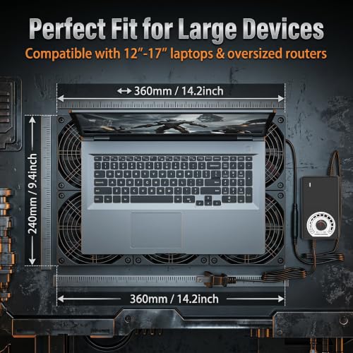 Adjustable Exhaust Fan with AC Plug for 12"-17" PC Notebook Gaming Laptop Server Rack, Greenhouse, Basement, Window Cooling or RT-AC5300 Router Ventilation - size: 14x9.5in cooling pad