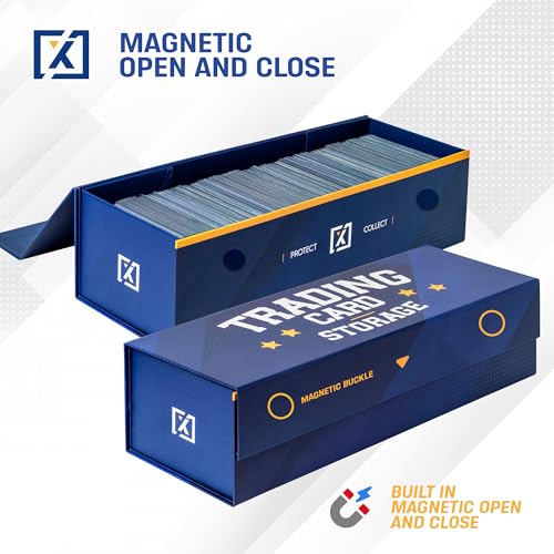 HOMEXPRO Easy Fold Trading Card Storage Box [3 PACK] Magnetic Lid | Toploader Storage Box Fits 800 Cards, 200 Toploaders, or 50 One Touch | Baseball Card Storage Box - Labels included - style: Blue - 3 Pack