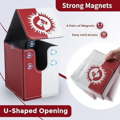 Card Deck Box with 2 Dividers, MTG Commander Deck Box Holds 100+ Double-Sleeved Cards, Leather Magnetic Deck Case Compatible with Magic TCG CCG Cards, Red/White - color: 1. Red & White, size: 100 Double-sleeved Cards Vertical