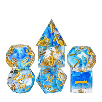 Cusdie Sharp Edges DND Dice, 7 PCs D&D Dice, Handcrafted Polyhedral Dice Set, for Role Playing Game Pathfinder (Blue Swirl w/Gold Foil) - color: Blue Swirl W/Gold Foil