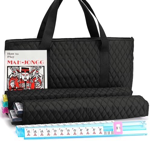 American Mahjong Game Set - Black Quilted Soft Bag 166 Premium Tiles with 4 All-in-One Rack/Pushers,100 Chips, Wind Indicator, English Manual. Easy Carry Complete Classic Mah-Jongg Set - color: Mahjong Game Set With Black Case