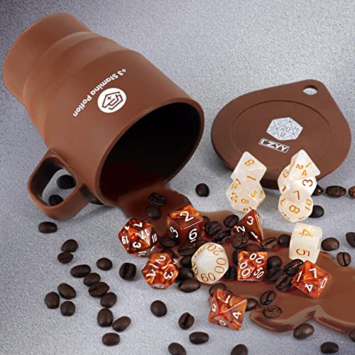 CZYY Coffee & Sugar Dice Set, 14 Acrylic RPG Dice with Silicone Cup Case | 2 Complete 7-Dice Sets, Coffee & Sugar Themes, Acrylic Resin, +3 Stamina Potion Silicone Mug Storage, Gift for RPG Players