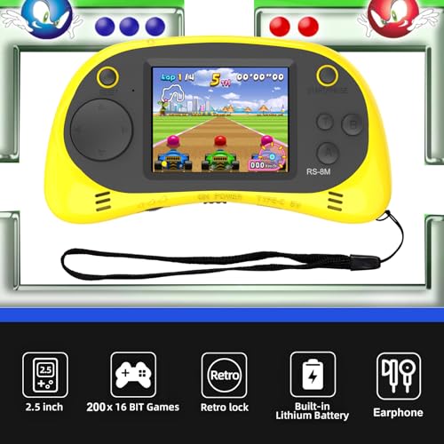 Kids Handheld Portable Video Game Player with 200 Games - 16 Bit 2.5 Inch IPS Screen Mini Retro Electronic Machine for Boys Girls - style: Yellow
