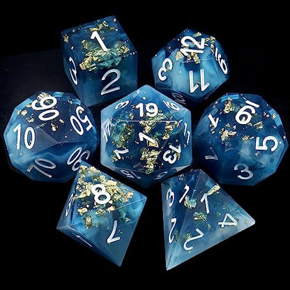 Haxtec Sharp Edge DND Dice Set, Gold Foil Resin Polyhedral RPG Dice | Blue D&D Dice for Role Playing Games, Compatible with Dungeons and Dragons, Handmade 7-Die with Metal Case, TTRPG Gifts - color: Blue White Gold