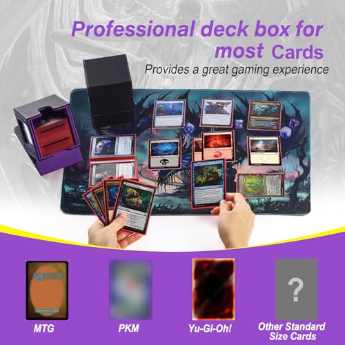 MTG Deck Box, Double Display Window MTG, Commander Deck Box Fits 120+ Single Sleeved Cards, PU Leather Magnetic Closure Card Box with 2 Dividers&2 Toploaders for TCG, CCG, Black/Violet - color: Black/Purple, size: 1 pack