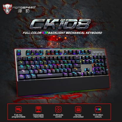 MOTOSPEED CK108 RGB LED Backlit Wired Mechanical Gaming Keyboard, 108 Keys Hot-Swap Mechanical Keyboard w/Aluminum Base, Upgraded Socket and Noise Absorbing Foams, Soft Tactile Black Switch - color: Black Switch, size: 108 Keys