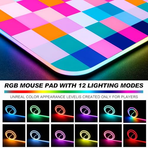 RGB Retro Coloful Checkered Gaming Desk Mat, Computer Keyboard Large Extended Long LED Mouse Pad for Office and Home, XL (W20) - color: Rgb-w20