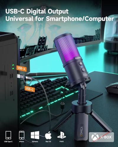 COMICA Ejoy UNI S Gaming Microphone for PC,PS5 and Smartphone,RGB Cardioid Condenser Mic with Tripod Stand, 48kHz/24bit, Noise Cancellation,Black Microphone for Streaming,Recording, Podcasting