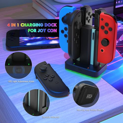 6 in 1 Charging Dock for Nintendo Switch 1/2 JoyCon with RGB Light,Ergonomics & Magnetic Fast Charge,Type-C Prot,Charger Stand Station Compatible with Switch 1/2 Joy Con