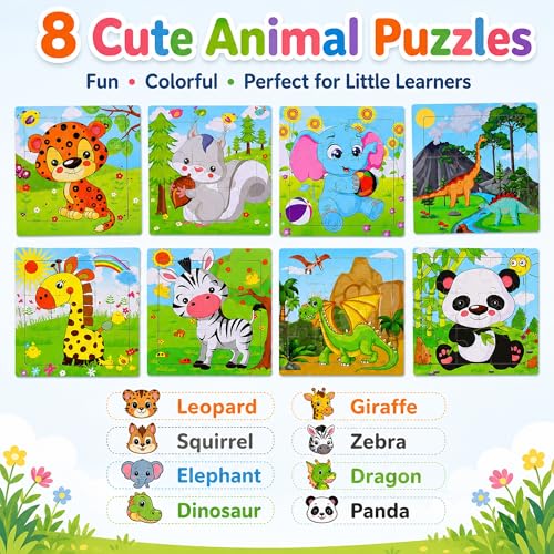 NASHRIO Wooden Puzzles for Toddlers Age 3-5, 8 Pack Animal and Dinosaur Jigsaw Puzzles, Preschool Educational Toys, Wooden Puzzle Set for Boys Girls Kids Age 3 4 5 - color: Animal & Dinosaur Puzzle Set