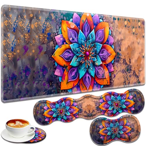 Large Gaming Mouse Pad + Keyboard Wrist Rest + Wrist Support + Coaster Set, Memory Foam Ergonomic for Easy Typing, XXL Extended Gaming Mouse Pad Table Pad - Mandala Flower - color: Mandala Flower