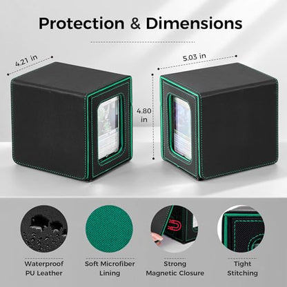 MTG Commander Deck Box with Dual Display Windows and Dice Tray | Fits 100 Double-Sleeved Cards, PU Leather, 2 Magnetic Card Holders, 2 Dividers, Black & Green - color: 2. Black & Green