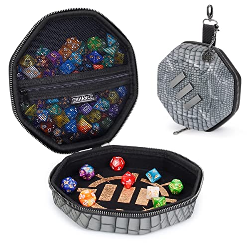ENHANCE DND Dice Tray and Case - Collector's Edition DND Dice Holder for up to 150 D&D Shakers with Hard Shell Exterior and Soft Interior - Rolling Tray Perfect for Game Night (Dragon Silver) - color: Dragon Silver