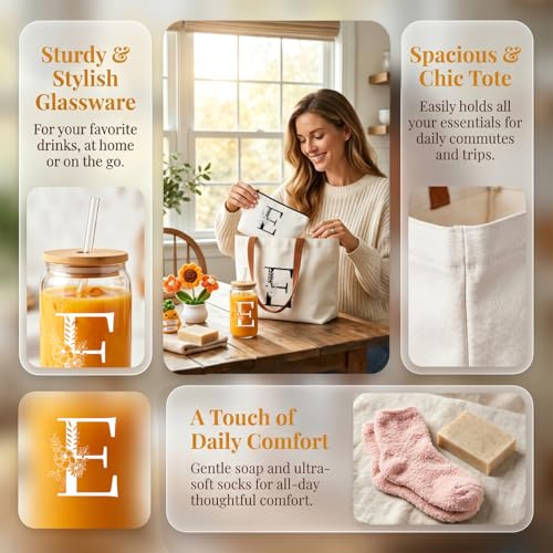 DHQH Birthday Gifts for Women, Monogrammed Gifts Box Included 16 oz Initial Glass Drinking Cup,Canvas Tote Bag, Personalized Iced Coffee Tumbler Gift for Women Her Mom Teacher Friends Sister, E - color: letter-cup-e
