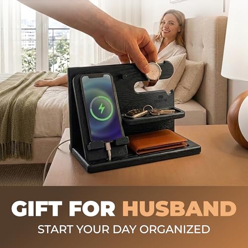 TESLYAR Wood Phone Docking Station for Men - Desk or Nightstand Organizer - Birthday Gifts for Husband, Dad - Anniversary Idea from Wife - Key Holder, Stand Wallet, Watch & Essentials (Granite Black) | Solid Ash Nightstand Organizer with Key Holder, Walle