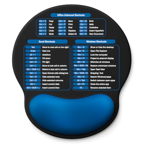 Mouse Pad with Wrist Rest - Ergonomic Memory Foam Support, Small Cute Excel Cheat Sheet Mousepad with Windows & Office Shortcuts, Non-Slip PU Base, for Computer Desk Laptop Travel, Black Blue - color: Black & Blue