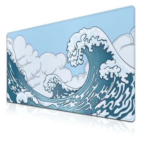 Big Mouse Pad Blue and White, Great Wave Desk Mouse Pads Office Desk Pads, Extra Large Gaming Mouse Pad Non-Slip Rubber Base Waterproof with Stitched Edges, 35.4 X 15.7 inch Japanese Wave - color: Japanese Wave
