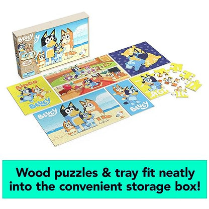 Spin Master Games Bluey 7-Pack Wooden Puzzles with Storage Tray for Kids | Includes 7 Wooden Puzzles, Screen-Free Activity, Develops Fine Motor Skills & Dexterity, Features Bluey & Family, Ages 4+