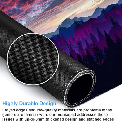 Purple and Black Desk Mat, Mountain Forest Large Gaming Mouse Pad | Washable forest landscape desk pad with 3mm plush cushion, smooth fabric top, and non-slip rubber base - color: Firewatch Tower