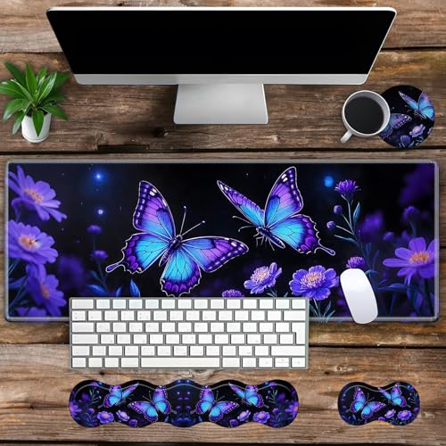 Large Gaming Mouse Pad Set with Wrist Support – 31.5" x 11.8" 4-in-1 XXL Mousepad with Keyboard Wrist Rest, Mouse Wrist Rest & Coaster – Ergonomic Desk Mat for Office, Home – Blue Butterfly Flower - color: Blue Butterfly Flower