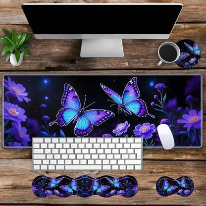 Large Gaming Mouse Pad Set with Wrist Support – 31.5" x 11.8" 4-in-1 XXL Mousepad with Keyboard Wrist Rest, Mouse Wrist Rest & Coaster – Ergonomic Desk Mat for Office, Home – Blue Butterfly Flower - color: Blue Butterfly Flower