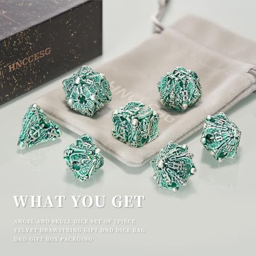 DND Dice,HNCCESG Hollow Metal Set 7 Pcs for Dungeons and Dragon,D and D GIFS of Tabletop Game (Matte Green White Skull) - color: Matte Green White Ts