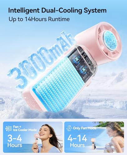 KIMMOO Handheld Portable Turbo Fan with Ice Cooler, Powerful 21000 RPM, Speed (1-199), Up to 14Hrs Cooling, Rechargeable Personal Fan, Small Pocket Hand Fans for Travel/Outdoor/Home/Office (Pink) - color: Pink