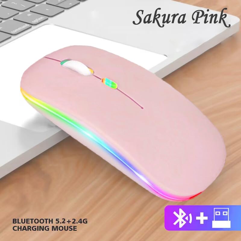 Guiheng Wireless Bluetooth Mouse,LED Dual Mode Rechargeable Silent Slim Laptop Mouse,Portable(BT5.2+USB Receiver) Dual Mode Computer Mice,for Laptop,Desktop Computer,ipad Tablet,Phone,TV (Pink) - color: pink