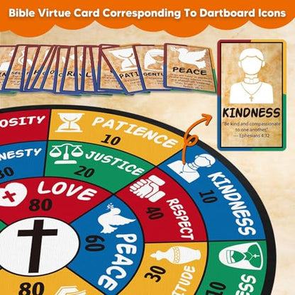 Garybank Bible Trivia Dartboard Game for Kids to Develop Biblical Virtue | 280 Trivia Questions, 20 Christian Virtue Cards, 24 Sticky Balls, Learn Bible Stories and Verses, Youth Group Pastor Ministry