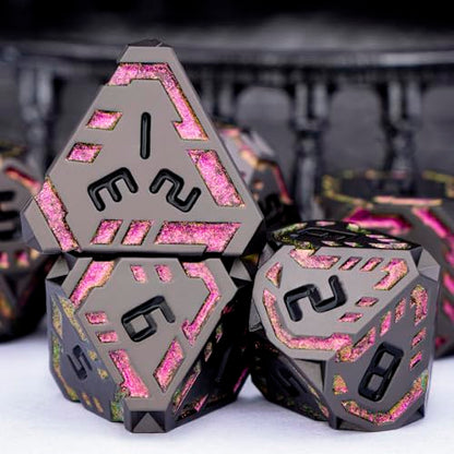 Metal DND Sci-fi Dice Set 7PCS Stripe Polyhedral Dice for Dungeons Dragons RPG Role Playing Game, Glitter D and D Dice with Gift Box D6 D8 D10 D12 D20 (Black&Purple Red) - color: Black - Red Purple