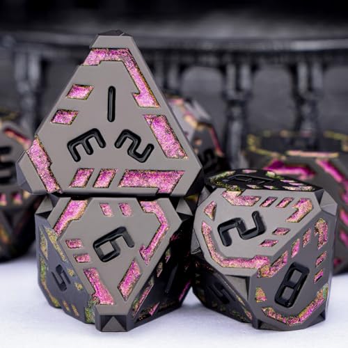Metal DND Sci-fi Dice Set 7PCS Stripe Polyhedral Dice for Dungeons Dragons RPG Role Playing Game, Glitter D and D Dice with Gift Box D6 D8 D10 D12 D20 (Black&Purple Red) - color: Black - Red Purple