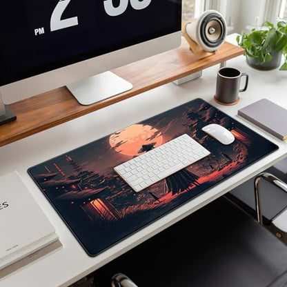 Japanese Landscape Desk Mat Post Moonlight Samurai Mouse Pad Large Dark Aesthetic Desk Pad Gaming Mousepad Extended XXL 31.5 x 15.7 in Laptop Computer Mouse Keyboard Mat - color: A Japan Samurai