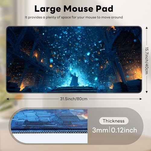 Large Gaming Mouse Pad, XL Desk Protector, Non-Slip Base | 31.5x15.7 in Extended Desk Mat with Stitched Edges for Keyboard, Work, Game, Office, Home PC and Laptop - color: Magic Library