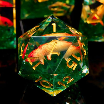 Moss and Koi Fish DND Dice Set - 7Pcs Sharp Edge Resin Polyhedral Game Dice for D&D RPG - Includes D20, D12, D10, D8, D6, D4 - Moss Agate Fish Design(Gold) - color: Gold