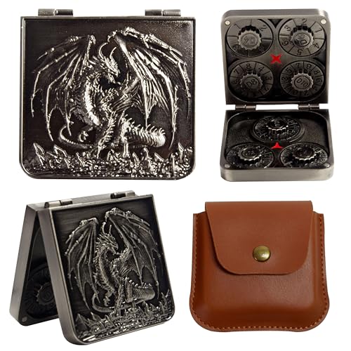 Metal DND Dice Set 7-in-1 Spinner with Dragon Case - Silver | Foldable polyhedral dice, for Dungeons & Dragons RPG games, Premium metal spinner,3D dragon, storage case included - color: Silver