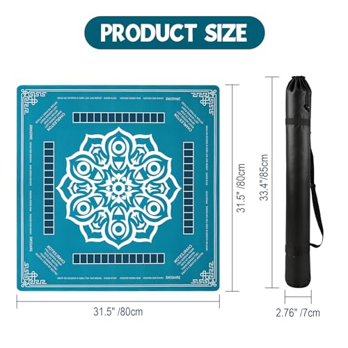Mahjong Mat 31.5"x31.5" - Waterproof Mahjong Table Mat with Printed Rules | 33.4" Bag Fits Rolled Mat, Noise-Reducing & Anti-Slip Surface for Majong, Poker, Card Games - color: Green