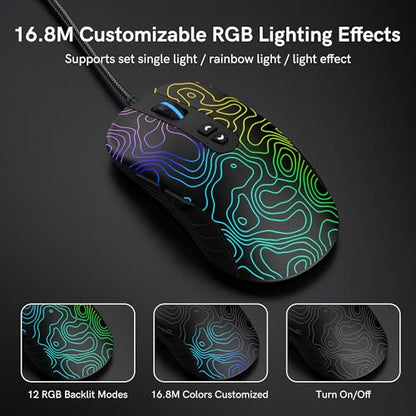 dagaladoo Black Wired Gaming Mouse, 12800 DPI RGB Gaming Mouse with 7 Lighting Effects, PC Gaming Mice Support DIY Keybinding, Mouse Gamer Computer Mouse for Laptop PC Mac Windows,Topographic