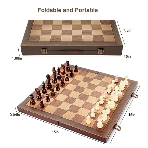 Magnetic Wooden Chess Set for Adults Kids 15'' Chess Board with Handmade Pieces, Folding Portable Travel Unique Chess Sets Game for Tournament Professional Beginner - size: 15 INCHES