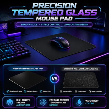 Tempered Glass Gaming Mouse Pad - Large 400×500×3mm (Obsidian Black) Thin Large Hard Mat, No - Slip Base for High - DPI Precision, Scratch - Resistant Smooth Surface, FPS/MOBA/Office Use - color: Obsidian Black, size: Large