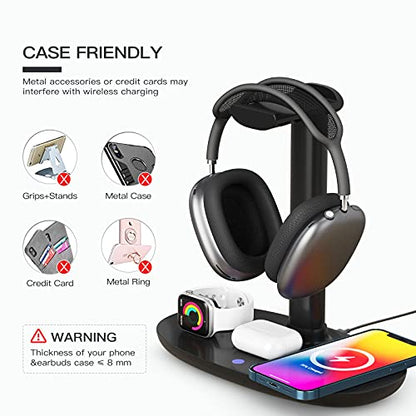 Headphone Stand with 15w Wireless Charger, Suguder 4 in 1 Charging Station Headset Holder for AirPods Max/Pro/4/3/2 iWatch 10/9/8/7/6/5/4/3/2/1/SE iPhone 17/16/15/14/13/12/11/X for Desktop Table Game - color: Black