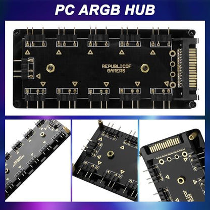 MEIRIYFA 5V 3핀 ARGB 스플리터 허브, 1~10방향 LED 팬 허브 컨트롤러, 50CM 연장 코드/SATA 전원 연장 케이블 어댑터 포함, PC ARGB 팬 쿨러용