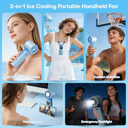 6000mAh Portable Handheld Fan with Ice Cooling, 199 Levels Stepless Speed, 20H Long Battery Life, 20000RPM Turbo Fan Rechargeable Personal Mini Fan for Travel, Outdoor, Makeup (Blue) - color: Blue