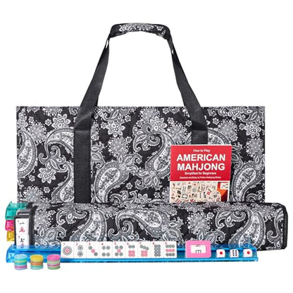 American Mahjong Game Set, 166 Quality White Tiles, 4 All-in-One Color Rack/Pushers, Complete Mahiong Tile Set Black Printed Carrying Bag - color: Black