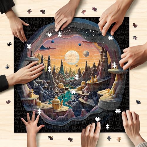 1000 Piece Jigsaw Puzzle for Adults, 3D Visual Art Puzzle | Surreal Fantasy Landscape with Alien Planet Cityscape Moon, Mountains and Floating Islands, Challenging Art, 24x24 in - color: 3d Alien Frontier