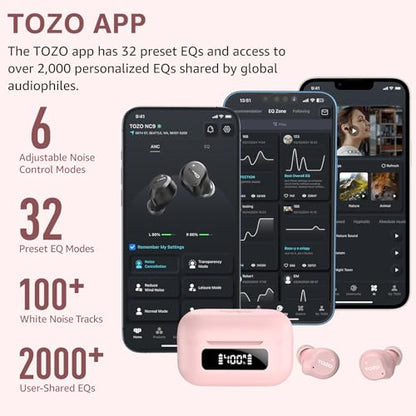 TOZO NC9 Hybrid Active Noise Cancelling Wireless Earbuds, 60H, LED Display | 6 Mic ENC Clear Calls, Deep Bass Sound, IPX8 Waterproof, in Ear Bluetooth 5.3 Headphones,32 EQs via APP, Comfort Fit Ear Buds - color: Dusty Pink