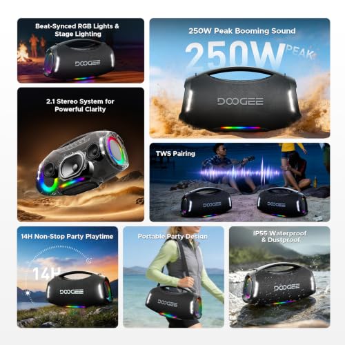 Portable Wireless Speaker, 250W Peak/220W RMS Loud Boombox Speaker, Deep Bass Outdoor Party Speaker, 20H Playtime, IPX5 Waterproof, RGB Lights, TWS Pairing, USB/TF/AUX